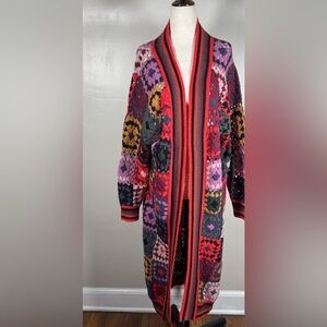 Farm Rio Size L Crochet Granny Square Open Front Long Colorful Cardigan Sweater